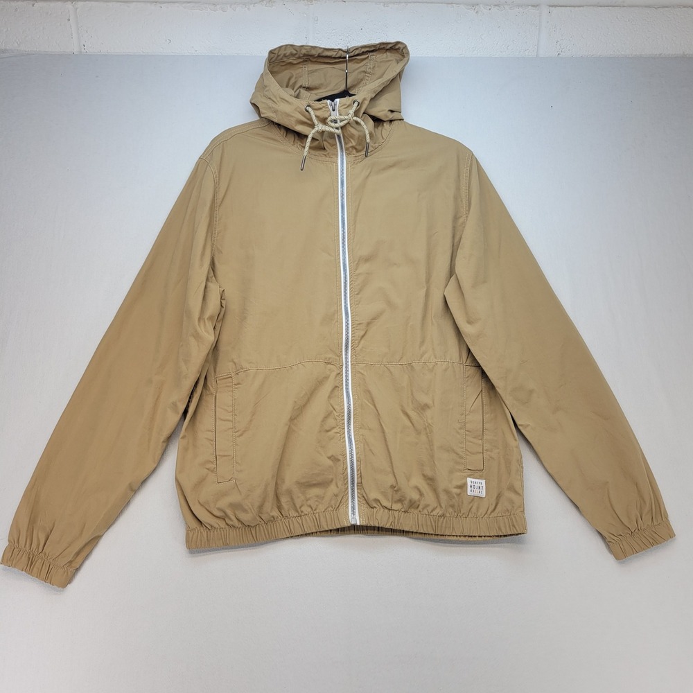 Denim & Flower Windbreaker Jacket Mens Medium Tan Khaki‎ Hooded Full Zip Cotton